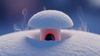 Abstract 3D rendering of a mushroom-like structure emitting steam, nestled in a textured, snowy landscape, with a glowing red core and a dark opening.
