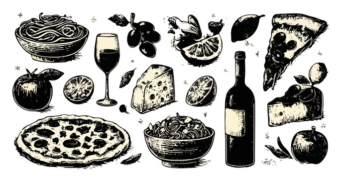 Colecci&oacute;n de ilustraciones monocrom&aacute;ticas de comida italiana como pizza, pasta, vino y queso sobre fondo transparente.