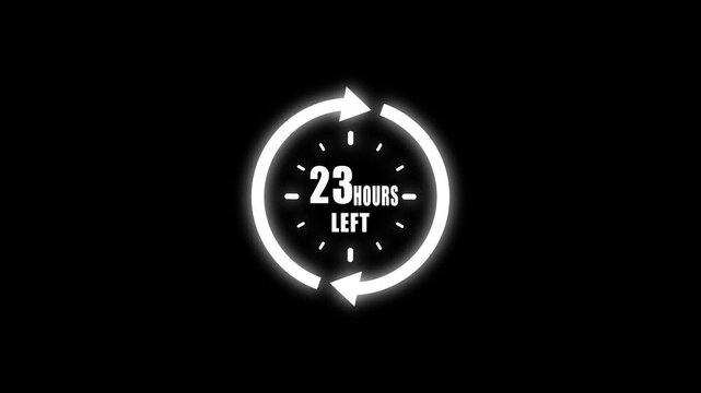 Glowing white circular timer showing twenty three hours left with two arrows and dash markers on a black backdrop with a bright neon outline
