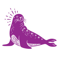 Purple seal with white star pattern and sunburst design on white background