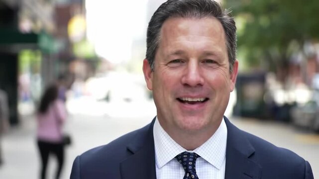A close-up photograph of a middle-aged man in a business suit smiling, with a blurred city street background