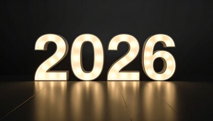 Futuristic LED digits display “2026” in bright blue on a sleek, high-tech metallic interface with glowing accents.