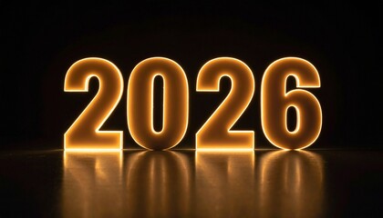 Illuminated marquee letters spell &ldquo;HAPPY NEW YEAR 2026&rdquo; in warm festive lights against a dark backdrop.