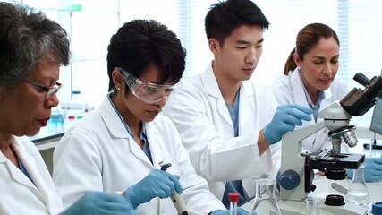 A group of four scientists in lab coats and gloves working together at a laboratory bench with various equipment