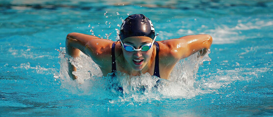 Butterfly Stroke in Pool: A swimmer, streamlined and powerful, slices through the water with the graceful butterfly stroke, showcasing athleticism and determination in the cool embrace of the pool.