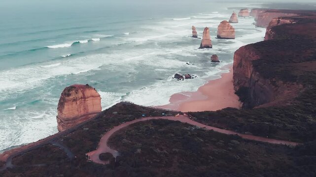 Twelve Apostles coastline aerial view from Gibson Steps parking