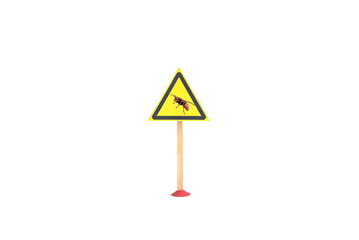 The warning sign is a silhouette of a hornet insect in a yellow triangle on a white background. The sign "Beware of dangerous insects" is a yellow triangle on a white background, an isolate.