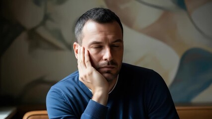 Pensive man contemplating life choices in moody indoor setting with serious expression