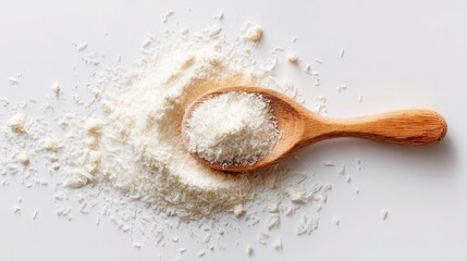 Shredded coconut in a wooden spoon on a clean white background