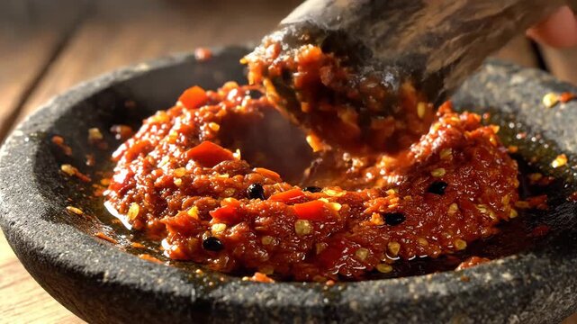 Close up of chili paste preparation in a stone mortar