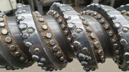 Close-up of a large industrial drill bit with numerous carbide inserts, designed for heavy-duty drilling operations in mining or construction.