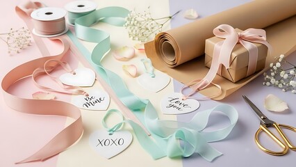 A serene gift wrapping scene featuring ribbons, flowers, and scissors on a pastel background with a 7 theme