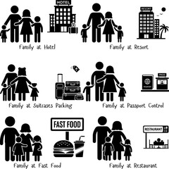 Happy Family at Hotel Resort Restaurant and Packing Suitcases Illustration