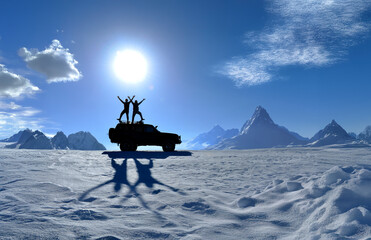 Adventure Friends Celebrating on Off Road Vehicle in Snowy Mountains