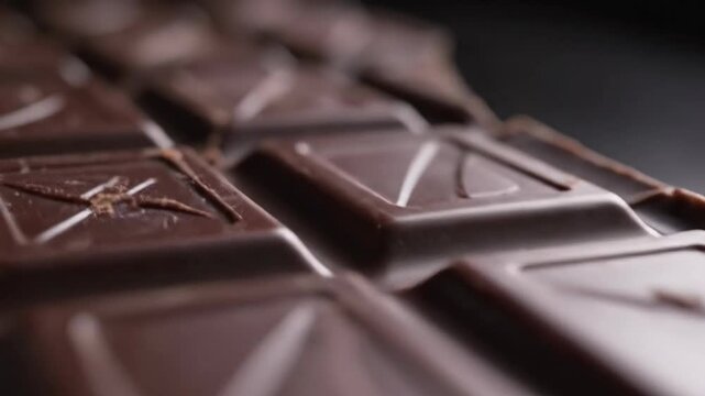Close up of dark chocolate bar with detailed texture and squares