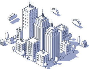 Isometric urban city center vector illustration featuring modern skyscrapers telecommunication towers residential houses and clouds in line art.