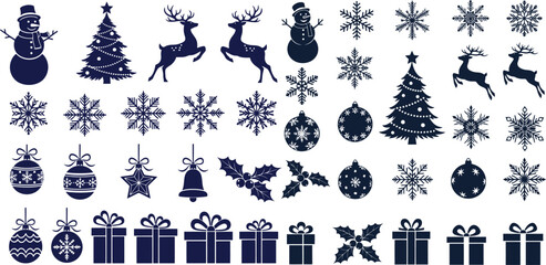 Fototapeta premium Christmas graphic set silhouette of reindeer, snowman, tree, and snowflakes