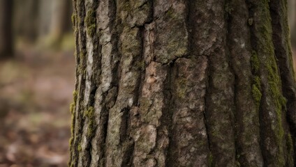 Obraz premium Close-up focus on textured tree bark, with blurred forest background