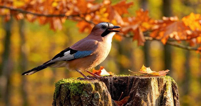 A colorful jay bird foraging on a mossy tree stump amidst autumn foliage in a serene forest