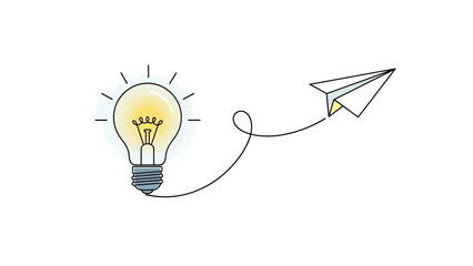 A glowing light bulb connected by a dotted line to a paper airplane, symbolizing innovation and new ideas taking flight.
