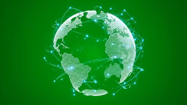 Global network connection illustration on a green background depicting the Earth's surface with glowing lines and nodes