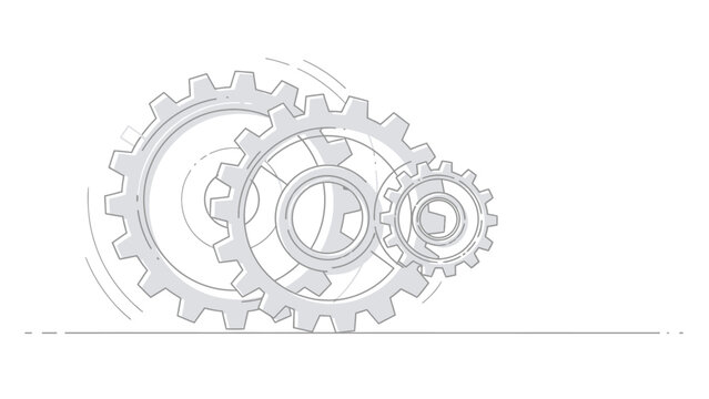 A schematic illustration of three interlocking gears of varying sizes, rendered in a minimalist, line-art style against a white background.
