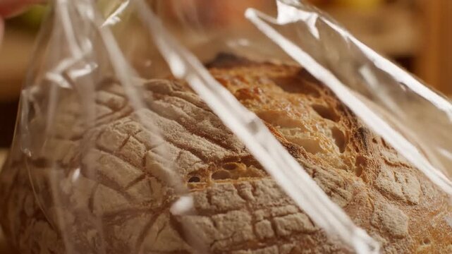 Freshly baked artisan bread wrapped in transparent plastic