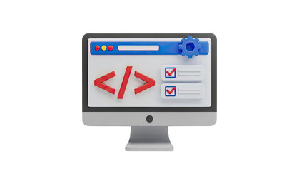 3D Illustration of Computer Screen Showing Code and Tasks