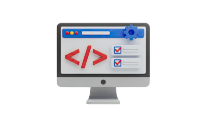 3D Illustration of Computer Screen Showing Code and Tasks