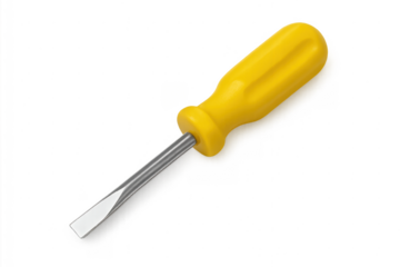 Flathead screwdriver with yellow handle on transparent background