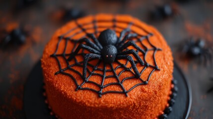 A festive orange cake topped with a spider and spiderweb design, perfect for Halloween celebrations.