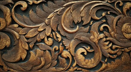 Intricate carved wood design with floral and leaf patterns for decoration