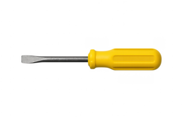 Flathead screwdriver with yellow handle on transparent background