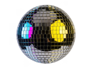 Disco ball reflecting colorful lights on a black background