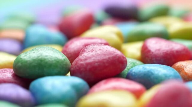 A close-up view of multicolored candy hearts with a blurred background and a white border