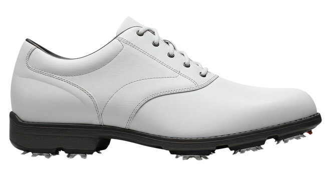 Classic white leather golf shoe with black sole and spikes isolated on transparent background