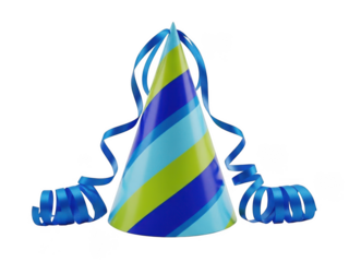 Colorful party hat with blue ribbons on black background