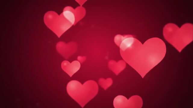 A digital illustration of various-sized red hearts floating against a dark red background with a white border at the bottom