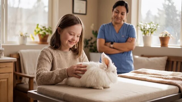 Girl with down syndrome gently petting her white rabbit with a veterinarian observing, subtle camera movement
