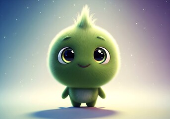 Cute green fluffy character with big eyes on a sparkling gradient background
