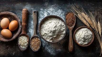 Baking ingredients arranged on rustic table with flour, eggs, grains, and wheat