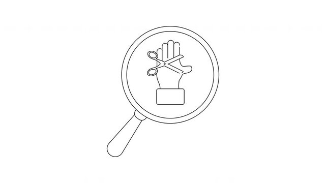 Magnifying glass reveals hand intersected by scissors Black outlines on white