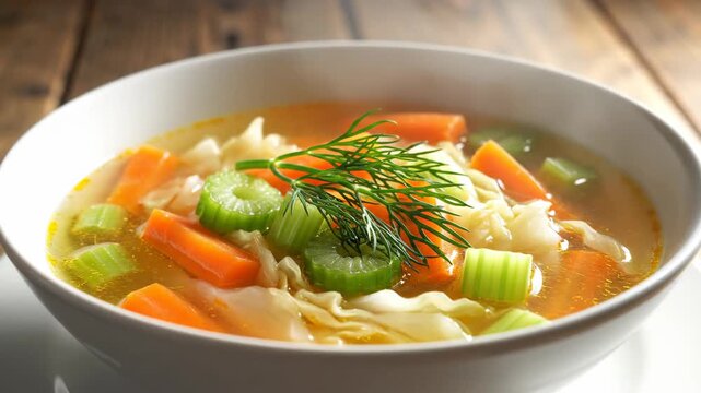 Vegetable soup in white bowl with sliced carrots and celery