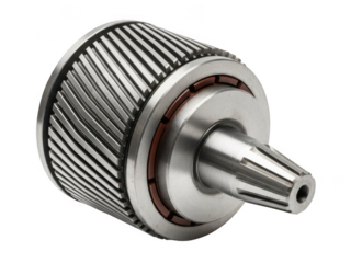 Close up of a metal gear or mechanical component with ribbed cylindrical body