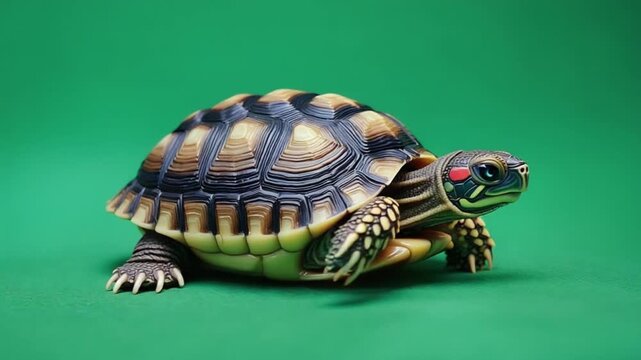 Colorful turtle toy with detailed shell on green background
