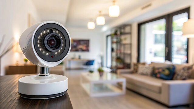 Home Security Camera &mdash; Indoor security camera rotating and monitoring room, safety theme