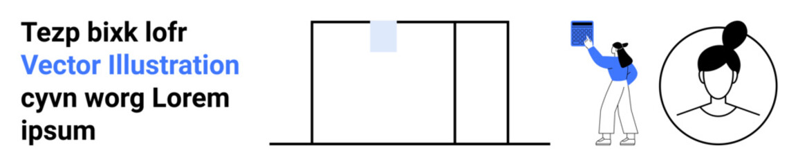 Education, business presentations, modern workplaces, creativity, communication, profile creation. A woman arranging a display with text elements and a profile icon. Education and creativity theme