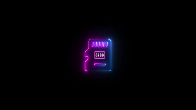 Neon glowing cyan color 32 GB SD card icon on black background animation. 4k video Sim Card neon sign appear icon center. Animated neon icon.