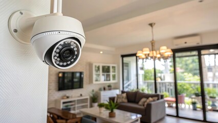 Home Security Camera — Indoor security camera rotating and monitoring room, safety theme