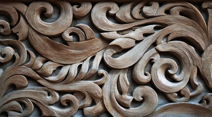 Intricate wood carving with floral and swirling patterns detailed close up